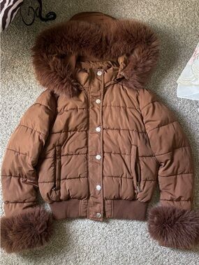 True Religion Women's Brown Puffer Jacket with Faux Fur Hood